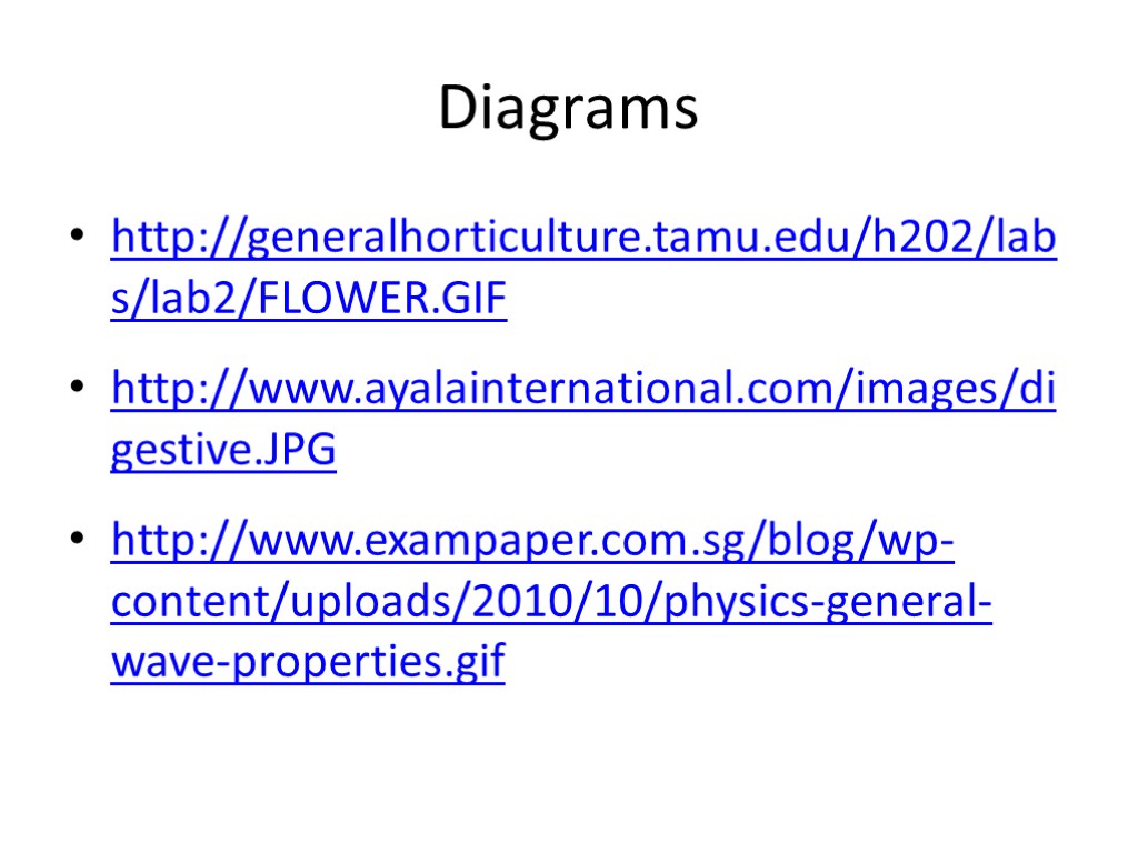 Diagrams http://generalhorticulture.tamu.edu/h202/labs/lab2/FLOWER.GIF http://www.ayalainternational.com/images/digestive.JPG http://www.exampaper.com.sg/blog/wp-content/uploads/2010/10/physics-general-wave-properties.gif